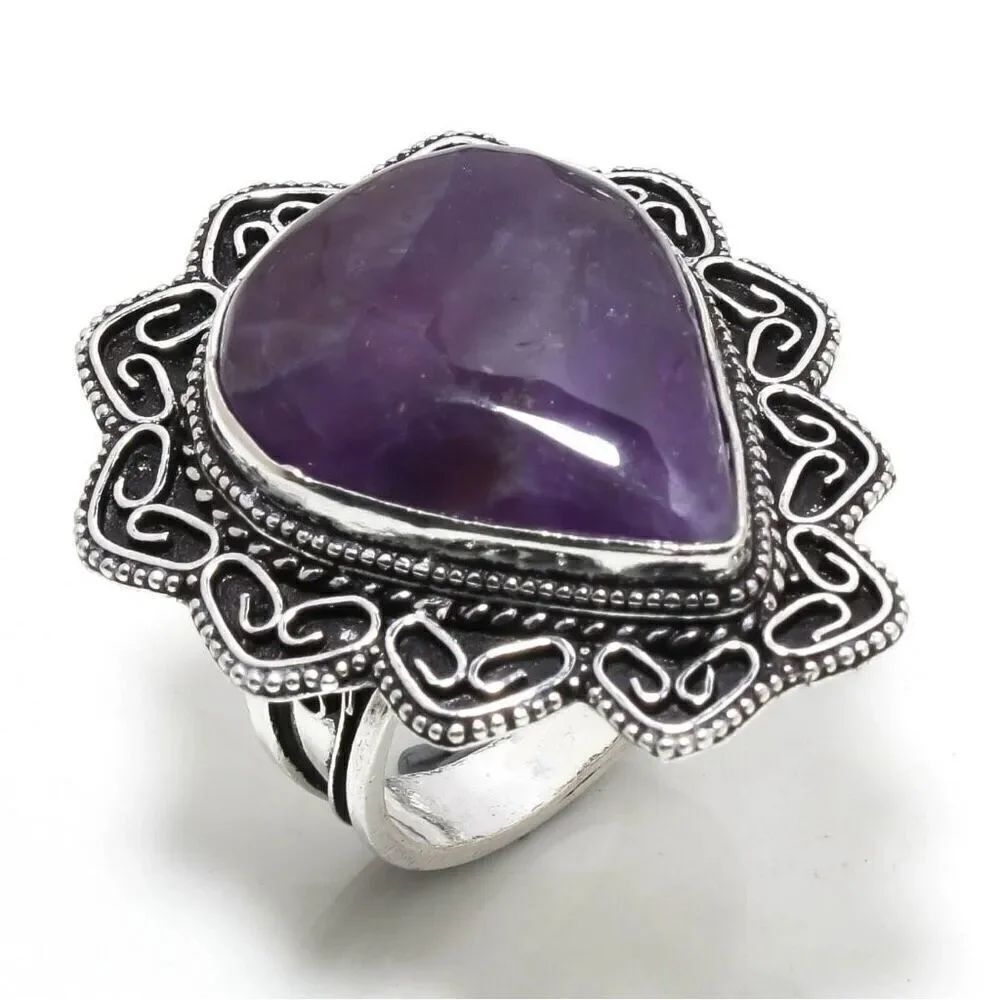 Natural Amethyst Faceted Teardrop Solitaire Silver Statement Ring Sz 8